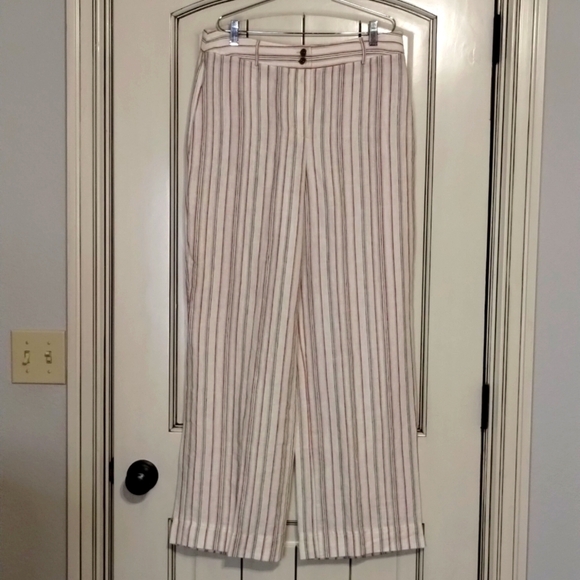 Chicos wide leg pants pinstriped size 10 ivory red black Size 1.5 100% linen - Picture 1 of 11